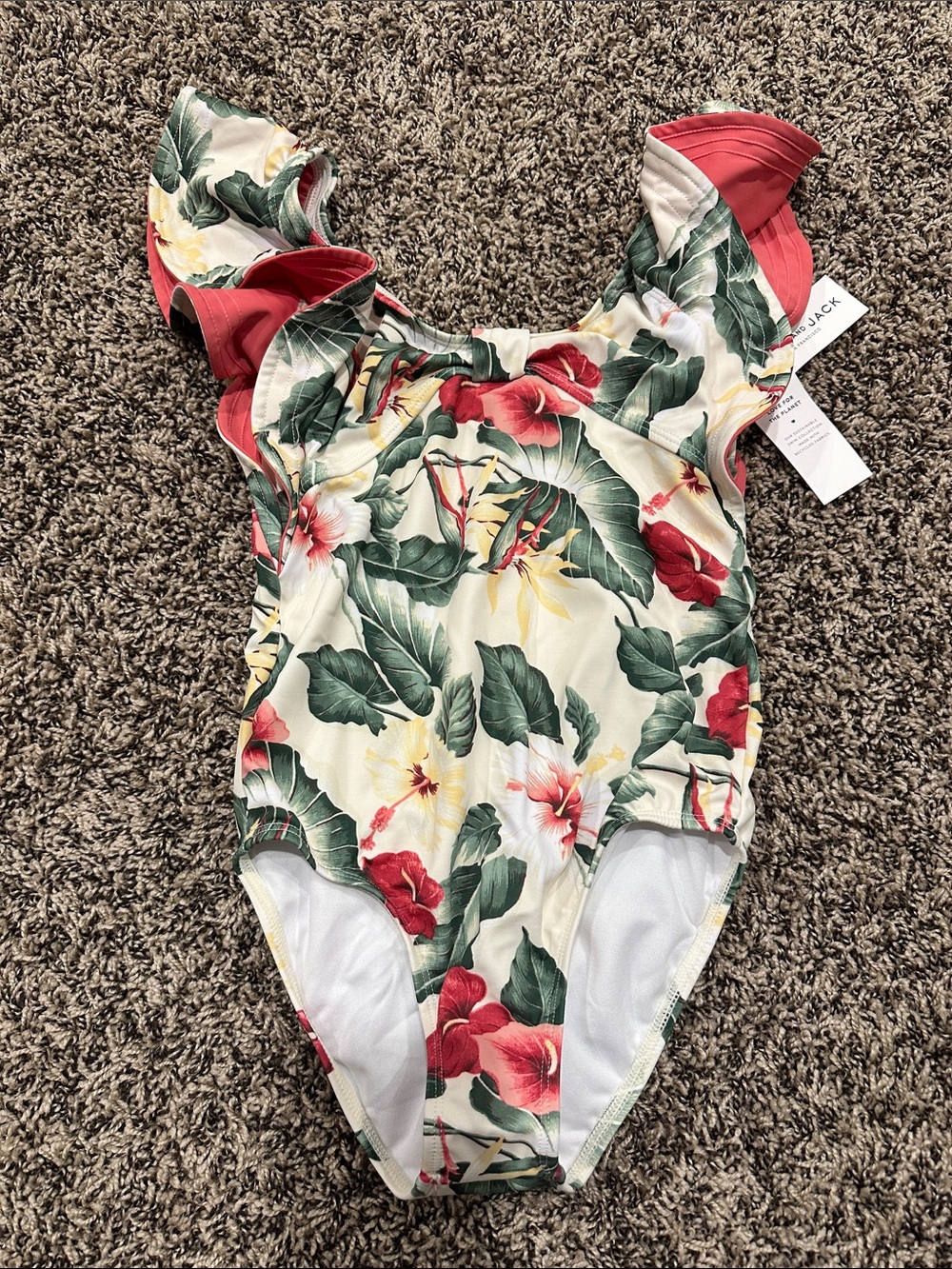 Janie and Jack Floral Ruffle One-Piece Swimsuit - Red, Green, Cream